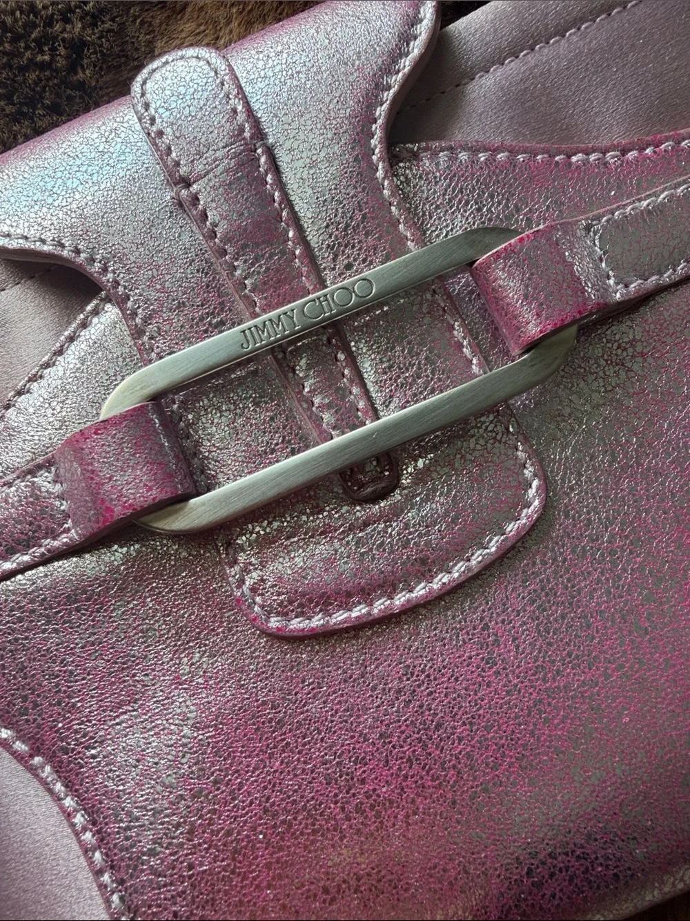 Jimmy Choo Pink Metallic Foldover Clutch with Buckle Detail
